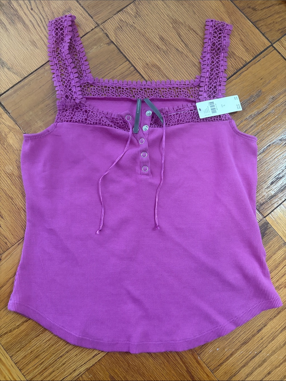 Anthropologie Crochet-Trim Ribbed Tank Top in Magenta